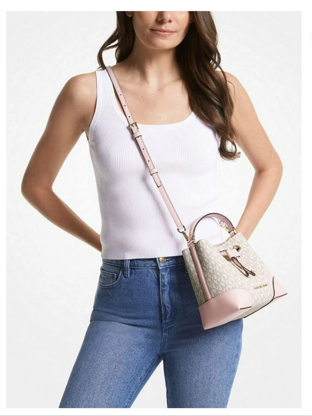 Michael Kors Signature Logo Mercer Small Drawstring Bucket Bag with Pink Trim - Picture 3 of 3
